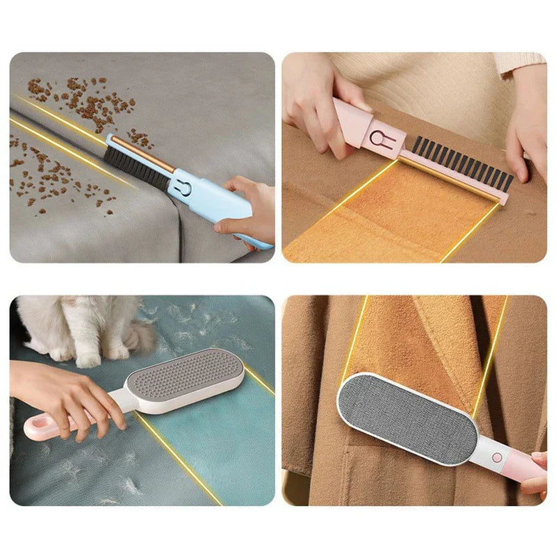 Four scenes demonstrate a multifunctional cleaning brush removing debris, pet hair, and lint from fabric surfaces