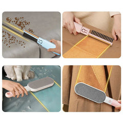 Four scenes demonstrate a multifunctional cleaning brush removing debris, pet hair, and lint from fabric surfaces