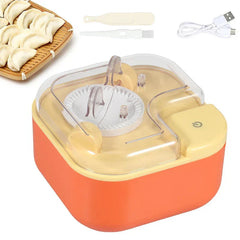 Dumpling Maker Press - Kitchen gadget shown with finished folded dumplings, USB charging cable, and two small filling tools
