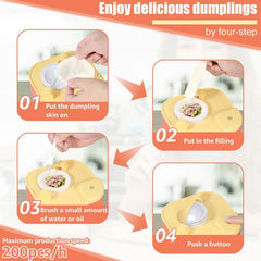 Dumpling Maker Press - Four-step dumpling making process demo for the dumpling maker, with production speed note