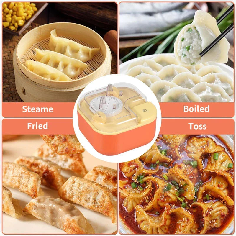 Dumpling Maker Press - Infographic showing four dumpling preparation styles around a small kitchen appliance: steamed, boiled, fried, and tossed in sauce
