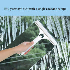 Window Squeegee Cleaner - Hand holding a white-handled window squeegee cleaning soapy glass, with descriptive text above the scene