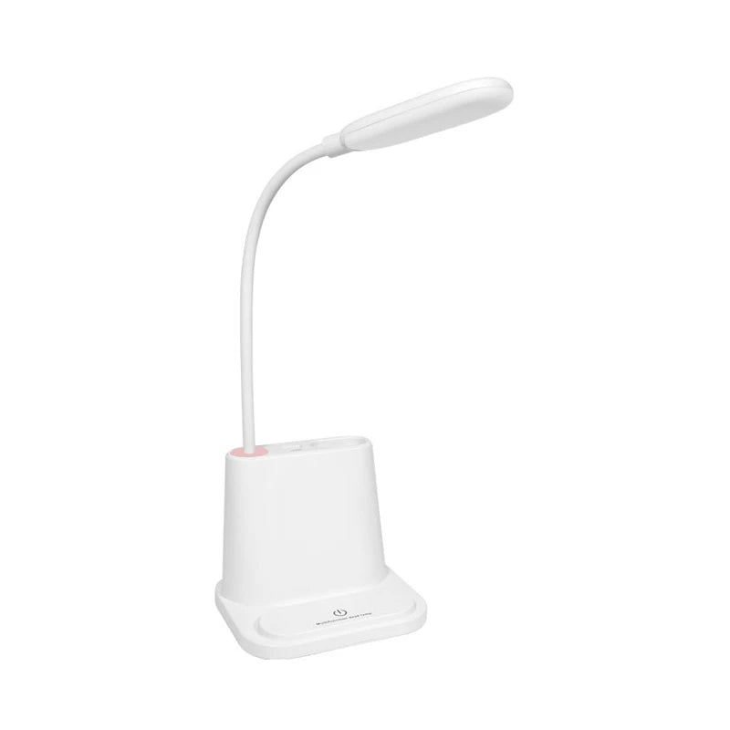 Led Desk Lamp - White desk lamp with flexible gooseneck, touch power button on base, against plain white background