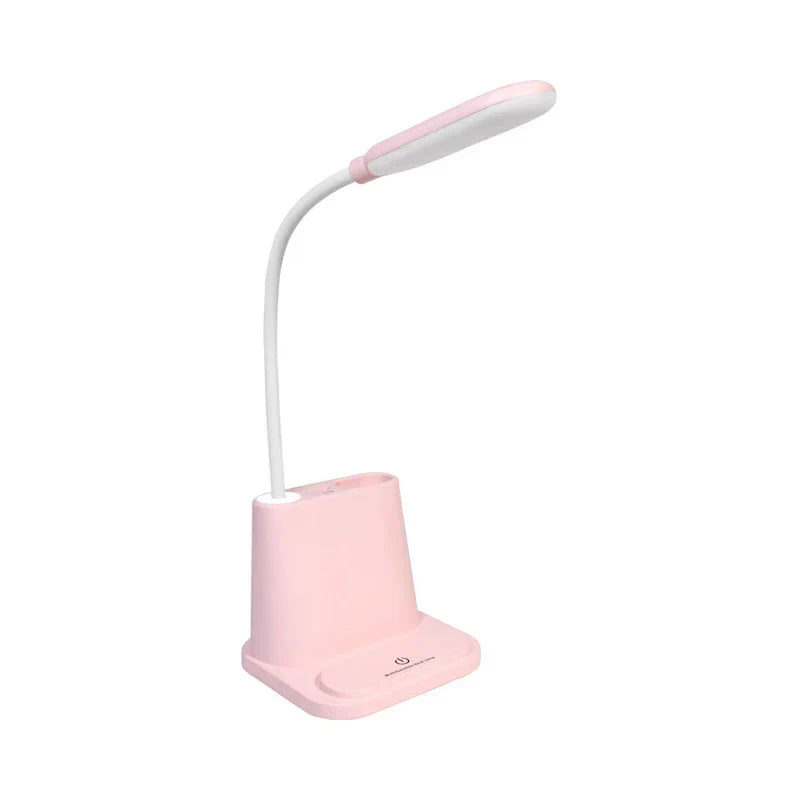 Led Desk Lamp - Pink and white flexible gooseneck desk lamp with base pen holder, shown against a plain white background