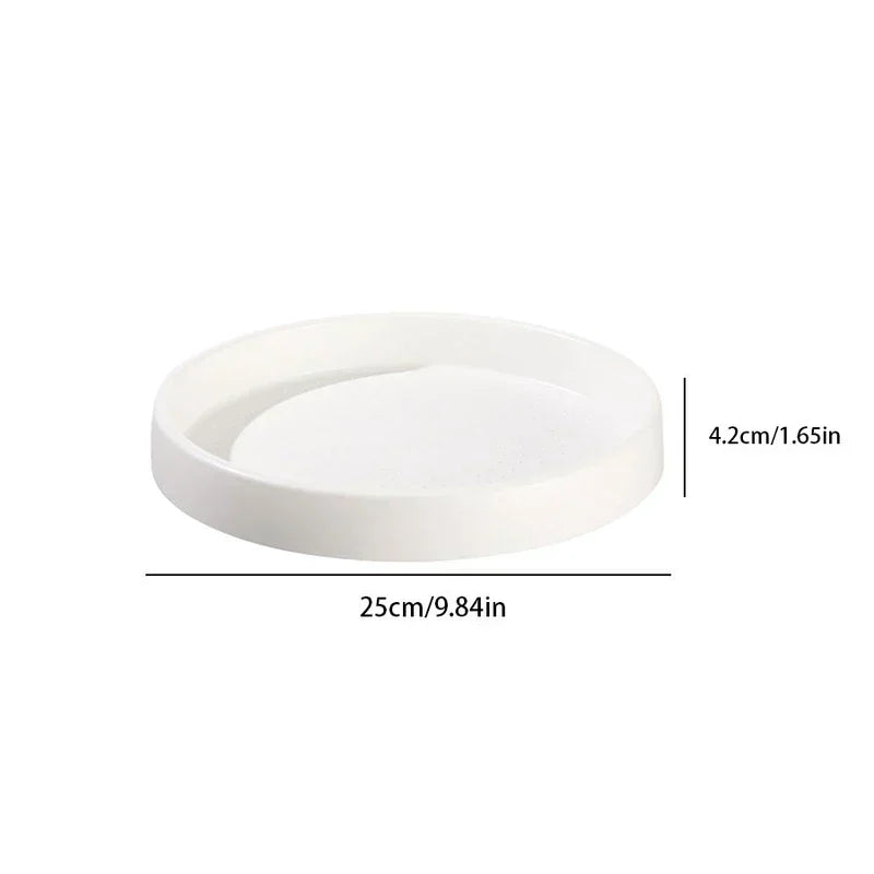 Rotating Storage Turntable Tray Organizer - White round shallow tray with dimension labels showing 25cm diameter and 4.2cm height