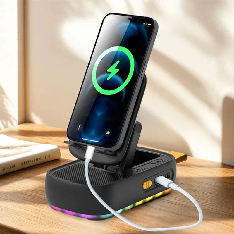Multifunctional stand holder mount holding a charging smartphone on a wooden desk