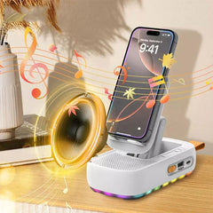 Car Phone Stand Holder - White foldable phone stand speaker holding a smartphone, with illustrated music notes and an animated glowing speaker graphic beside it.