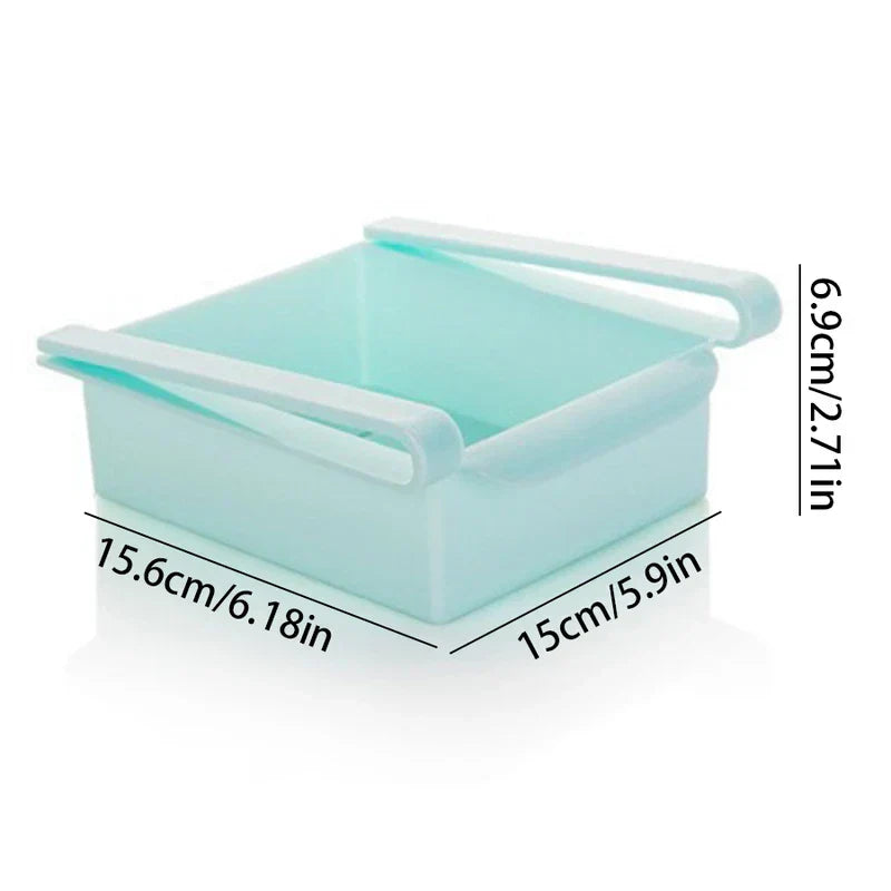 Storage Box Organizer - Mint plastic pull-out storage bin with extendable side rails, showing dimension labels: 15.6cm x 15cm x 6.9cm.