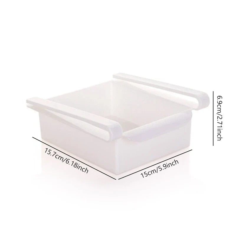 Storage Box Organizer - White plastic storage box with two top rails, labeled length, width and height dimensions in cm and inches.