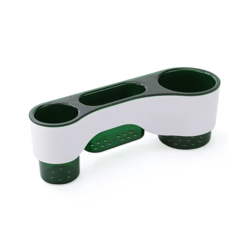 Shelf Organizer - White and green three-slot bathroom organizer with drainage holes, isolated on white background
