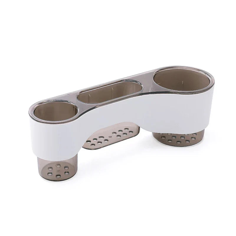Shelf Organizer - White and brown three-slot bathroom organizer with drainage holes, isolated on white background