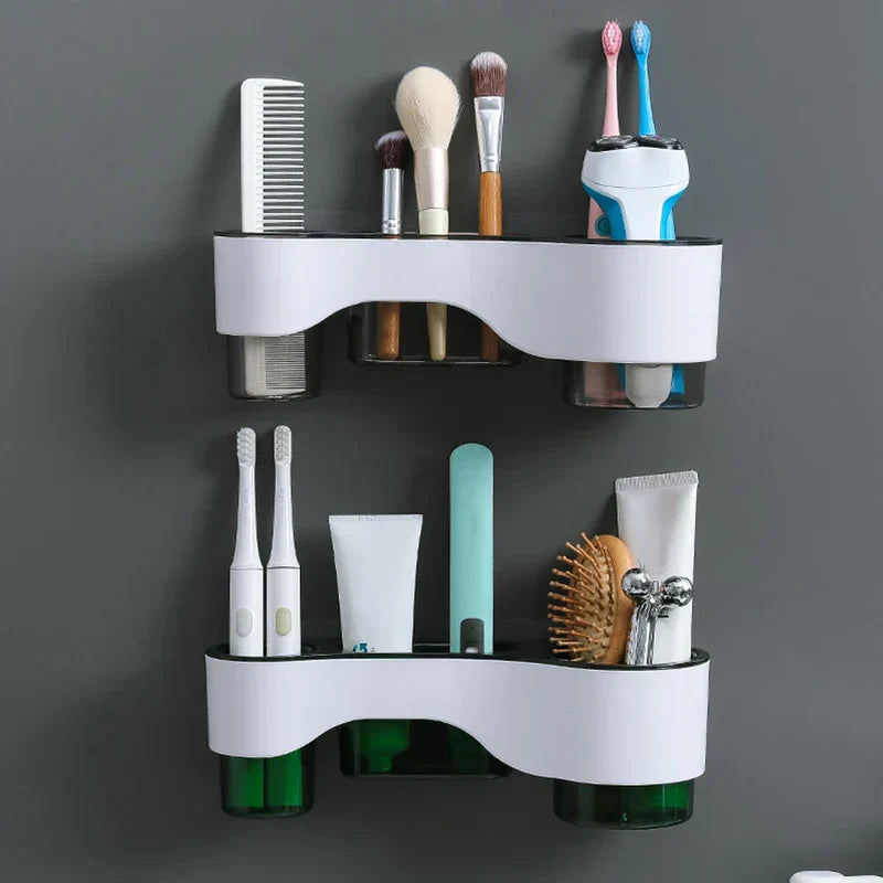 Storage shelf organizer rack with items on shelves