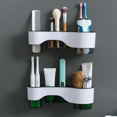 Storage shelf organizer rack with items on shelves