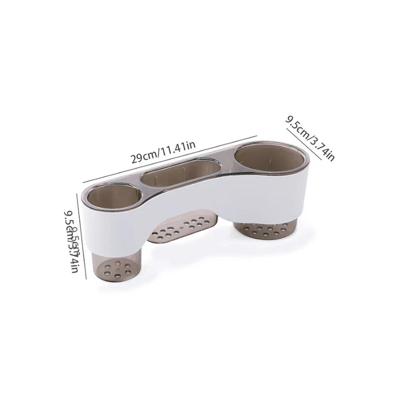 Shelf Organizer - Wall-mounted plastic kitchen utensil holder with size measurements: 29cm length, 9.5cm width, 9.5cm height, with three compartments and perforated bottom sections
