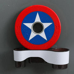 Shelf Organizer - Captain America shield-styled 2.5 KG weight plate resting on a white and brown bathroom organizer against a wet dark gray wall