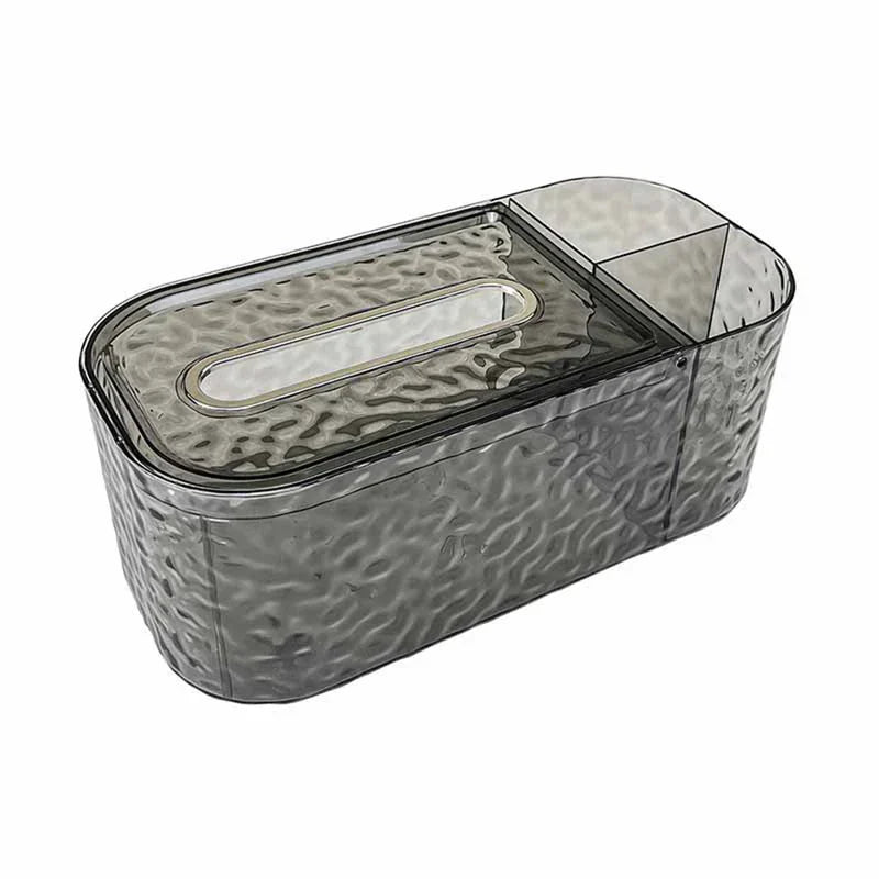Tissue Box Holder - Smoky gray hammered-texture plastic tissue box with two small open side compartments and an oval top tissue slot