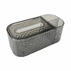 Tissue Box Holder - Smoky gray hammered-texture plastic tissue box with two small open side compartments and an oval top tissue slot