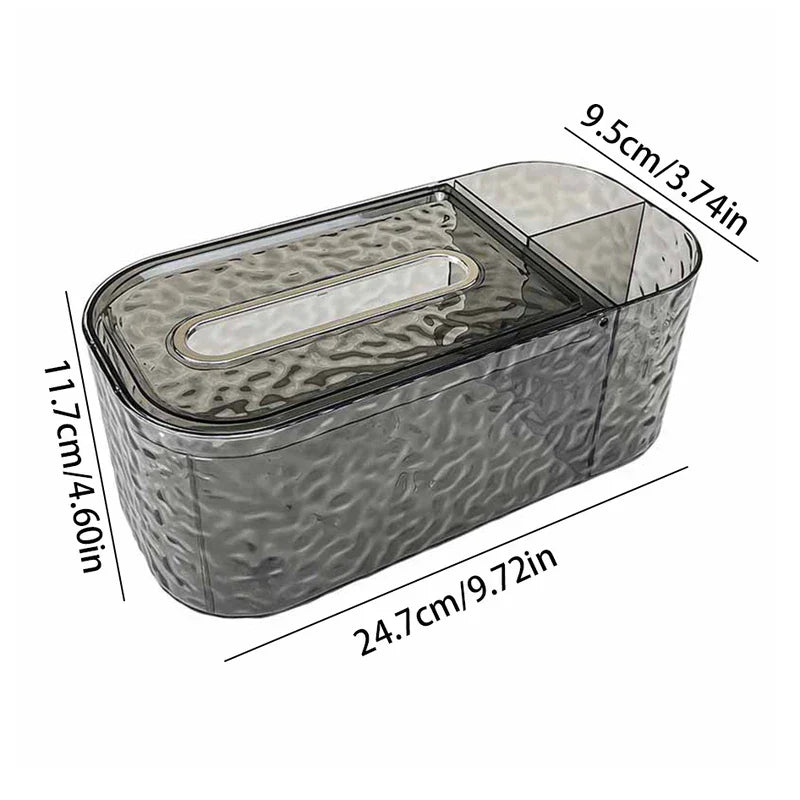 Tissue Box Holder - Smoky gray textured plastic tissue box with side compartments, showing dimensional measurements in cm and inches