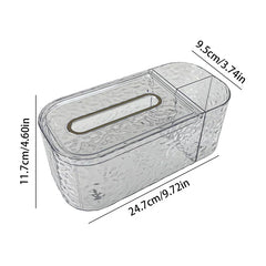 Tissue Box Holder - Clear textured plastic tissue box with side compartments, showing dimensional measurements in cm and inches