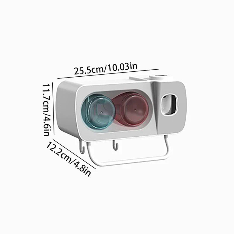 Toothbrush Holder - Wall-mounted bathroom organizer with dual inverted cups, labeled with dimension measurements in centimeters and inches.