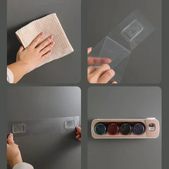 portacepillos de dientes - Secuencia de instalación de cuatro pasos: limpiar la pared, pelar la película adhesiva, aplicar la tira adhesiva y montar el organizador de 4 vasos color rosa dorado en la pared