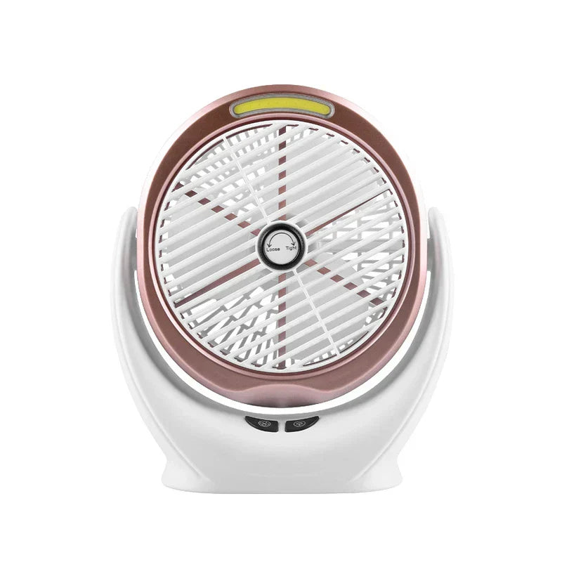 Desk Fan - Front view of white and rose gold portable fan with control buttons and top light strip