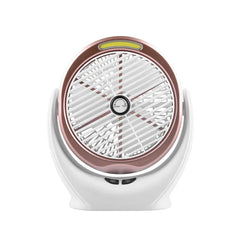 Desk Fan - Front view of white and rose gold portable fan with control buttons and top light strip