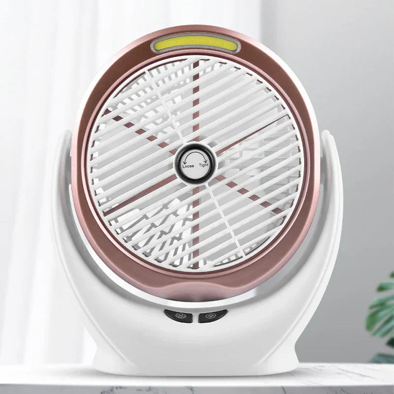 Desk Fan - Fan placed on a marble desk surface in a bright room setting