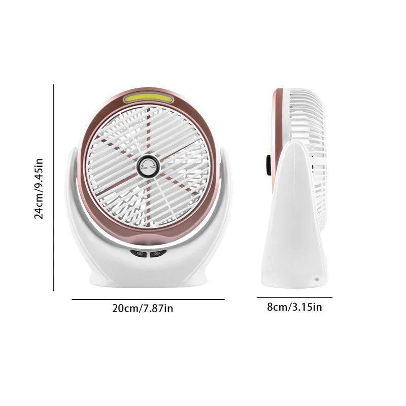 Desk Fan - Rechargeable desktop fan shown from front and side, with labeled dimension measurements.