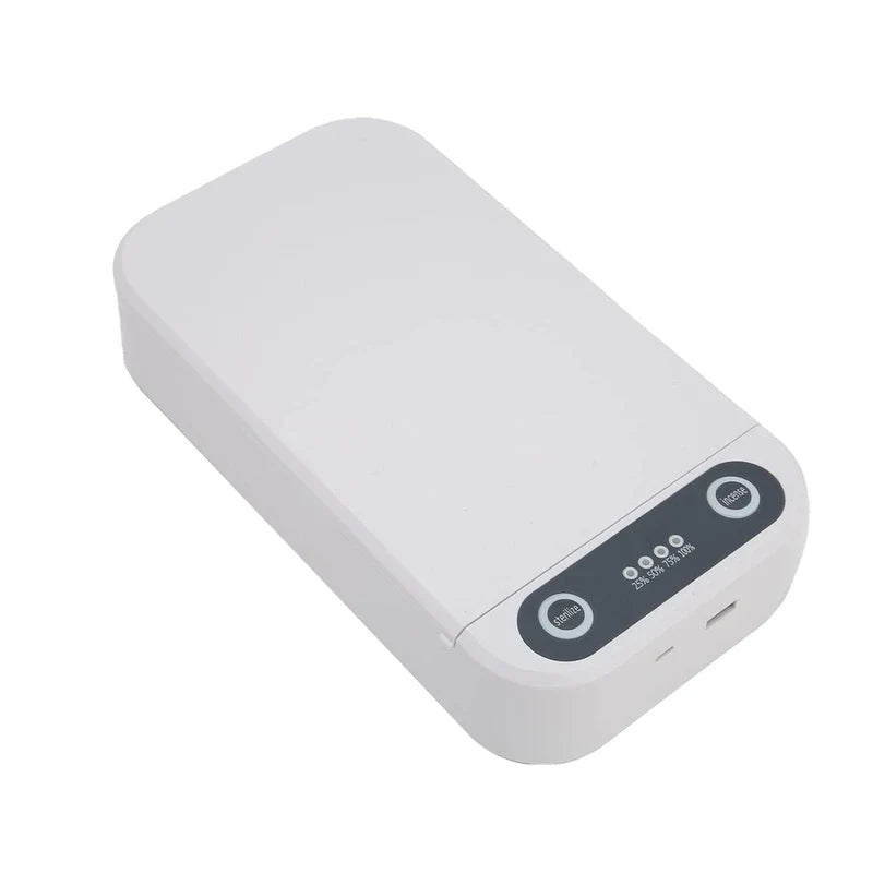 Sanitizer - Closed white tabletop sterilization device with dark control panel featuring two buttons and charge level indicators, shown at an angled front view