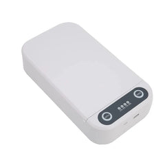 Sanitizer - Closed white tabletop sterilization device with dark control panel featuring two buttons and charge level indicators, shown at an angled front view