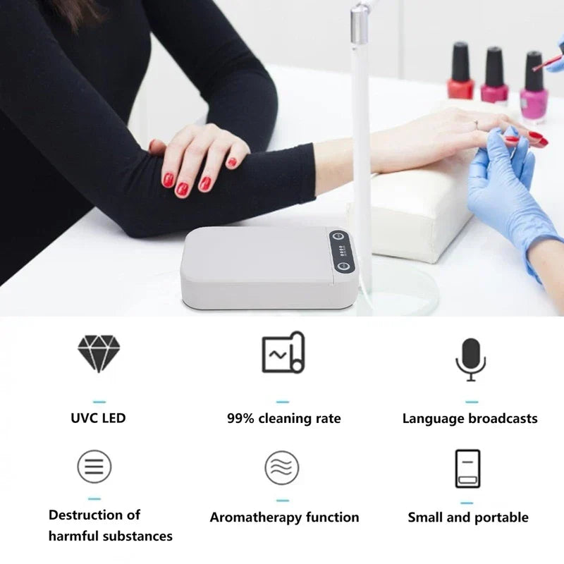 Sanitizer - Device placed on a salon tabletop during a nail service, with labeled feature callouts for UVC LED, cleaning rate, language broadcasts, aromatherapy function, and portable size