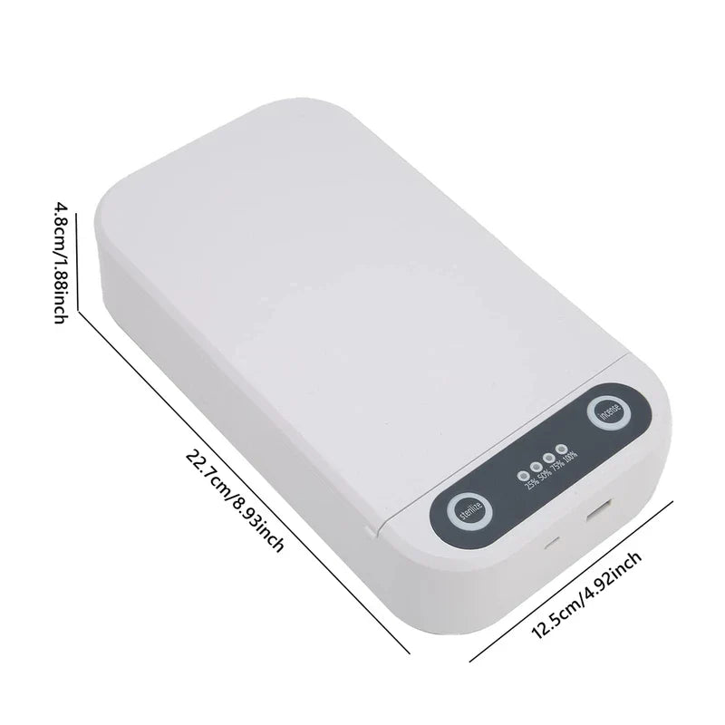 Sanitizer - Closed white rectangular sterilizer box viewed at an angle, showing dimension labels in centimeters and inches