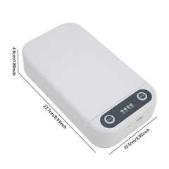 Sanitizer - Closed white rectangular sterilizer box viewed at an angle, showing dimension labels in centimeters and inches