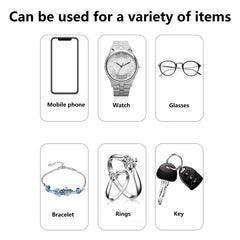 Sanitizer - Graphic showing six personal items arranged in two rows: phone, watch, glasses, bracelet, rings, keys.