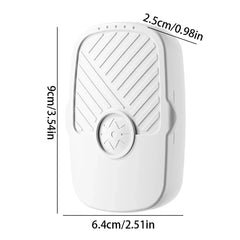Ultrasonic Cleaner Machine - White electronic device showing dimensions: 9cm tall, 6.4cm wide, 2.5cm thick, with a ridged top face and central circular detail