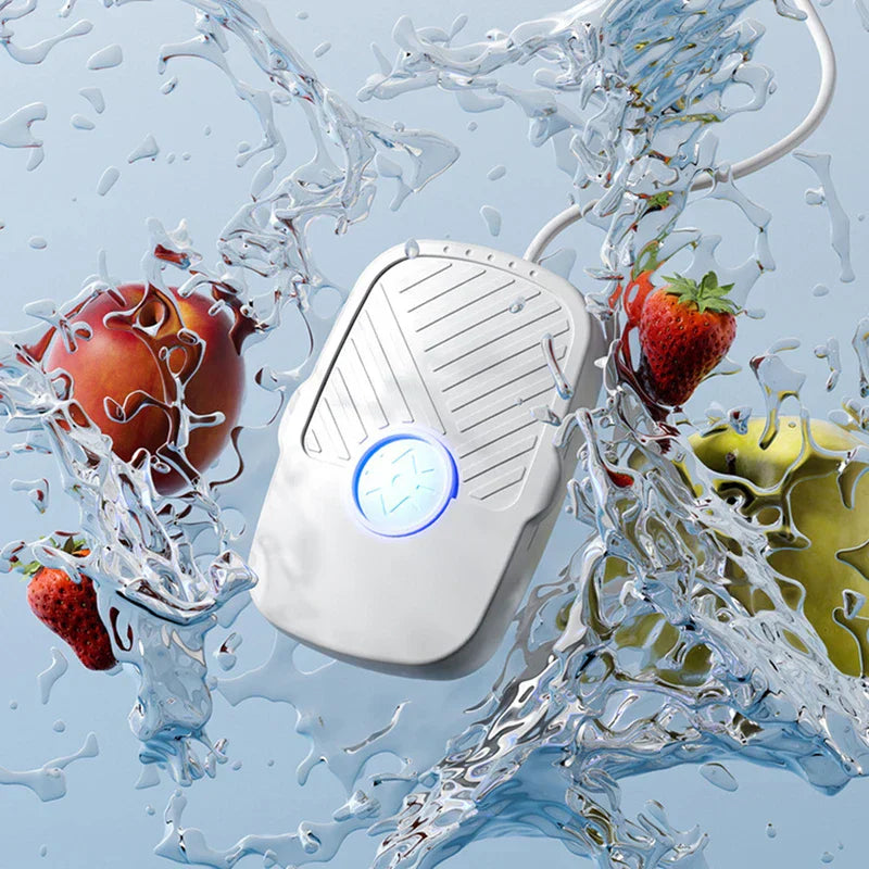 Ultrasonic Cleaner Machine - A white electronic device surrounded by splashing water and fruit, with a white cord attached