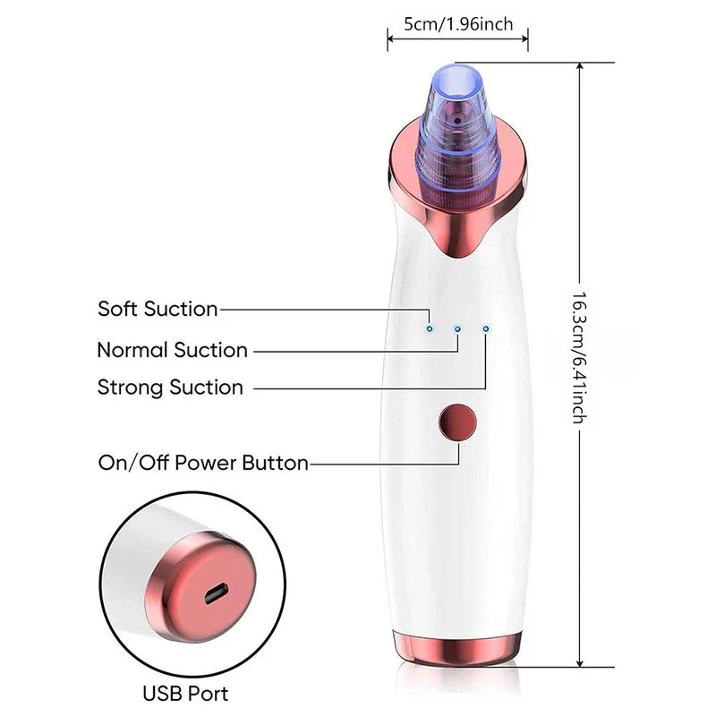 ultraschall brillen reiniger - Diagramm eines handgehaltenen Absaug-Hautpflegegeräts mit Abmessungen, Steuerungstaste, Absauganzeigen und USB-Anschluss