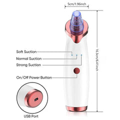 Ultrasonic Jewelry Cleaner - Diagram of a handheld suction skincare device showing dimensions, control button, suction indicators, and USB port.
