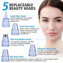 Ultrasonic Jewelry Cleaner - Five replaceable suction beauty heads displayed alongside a woman's face, each marked with its intended use area.