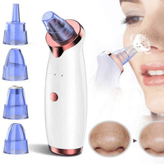 Ultrasonic Jewelry Cleaner - White handheld suction skincare device with four blue interchangeable heads, and demonstration of use on facial skin