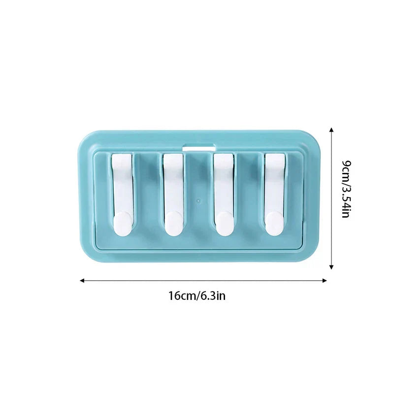 Utility Hook Hanger - Light blue wall-mounted hook rack with four white hooks, size 16cm by 9cm.