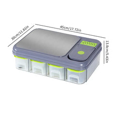 Vegetable Slicer - Gray multi-function kitchen chopper with attached cutting surface, four clear storage containers, marked dimensions 45x30x13.8cm.