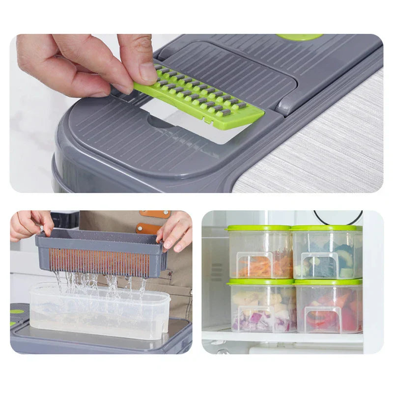 Vegetable Slicer - Three panel collage: hand inserting a green slicing blade, hand draining a gray grater insert over a container, four sealed storage boxes stacked in a fridge.