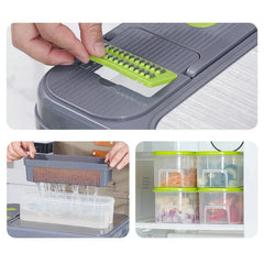 Vegetable Slicer - Three panel collage: hand inserting a green slicing blade, hand draining a gray grater insert over a container, four sealed storage boxes stacked in a fridge.
