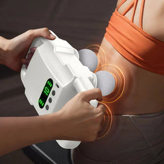 Deep Tissue Massager - Hands holding a white massager with grey massage heads against a person’s lower back, digital display showing 10