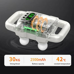 Deep Tissue Massager - Transparent cutaway view of a white four-head massager, showing internal components, with specs 30kg thrust, 2500mAh battery, 42°C temperature listed below