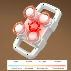 Deep Tissue Massager - White four-head massager with red indicator ring, showing vibration rings around heads, with a 4-section 20-gear level chart below