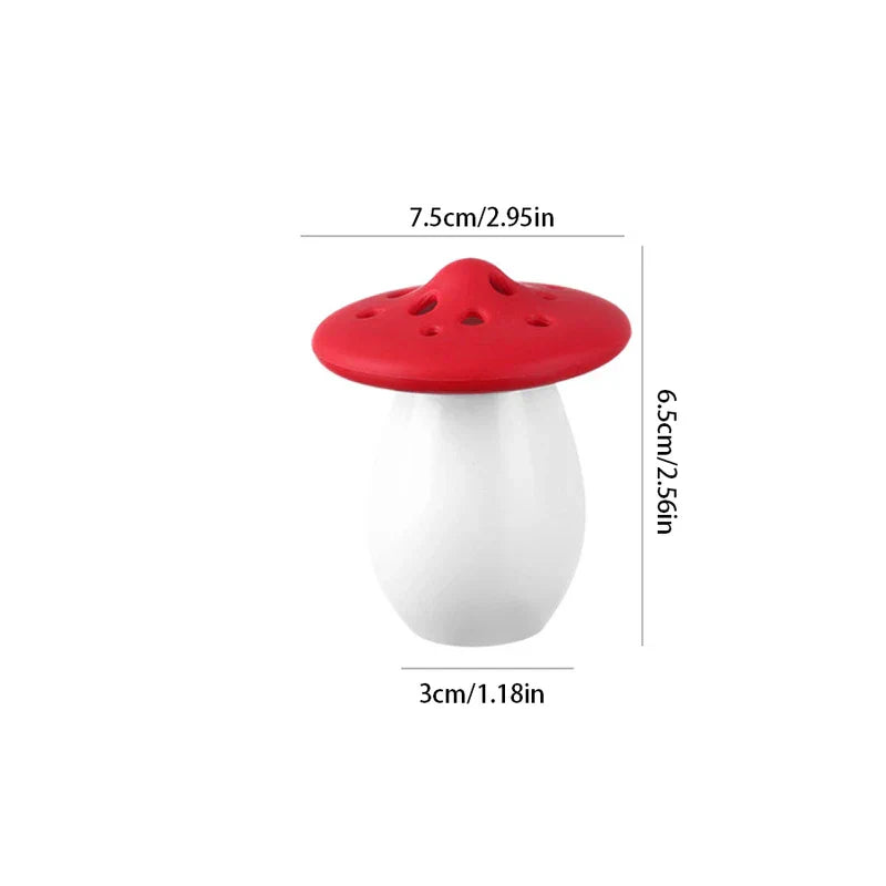 Mini Fridge And Wine Cooler - Mushroom-shaped object with red cap and white base, showing three dimension measurements in centimeters and inches.
