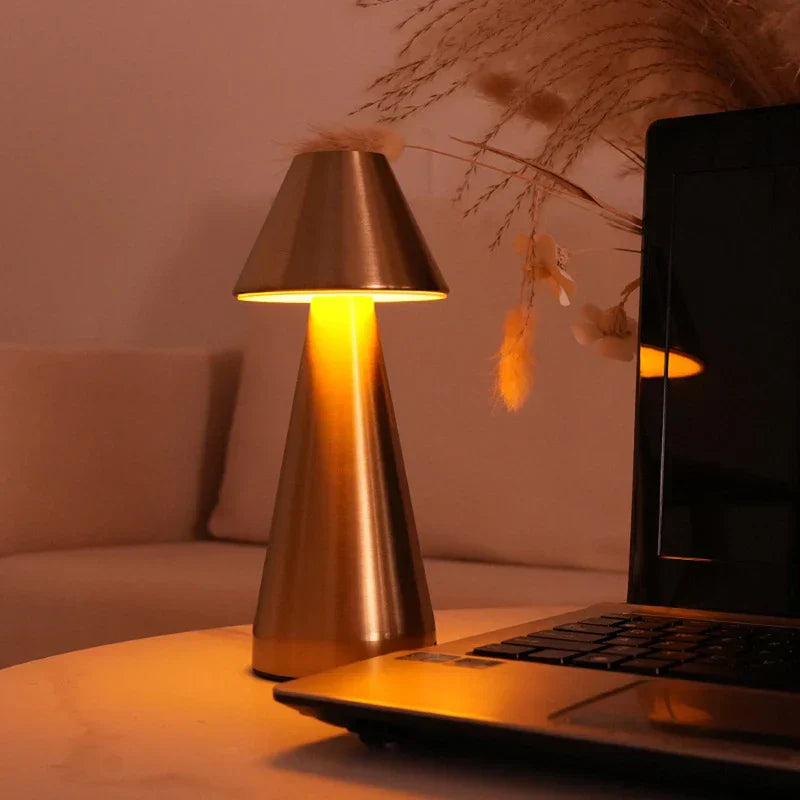 Mushroom shaped table lamp glowing in a cozy room